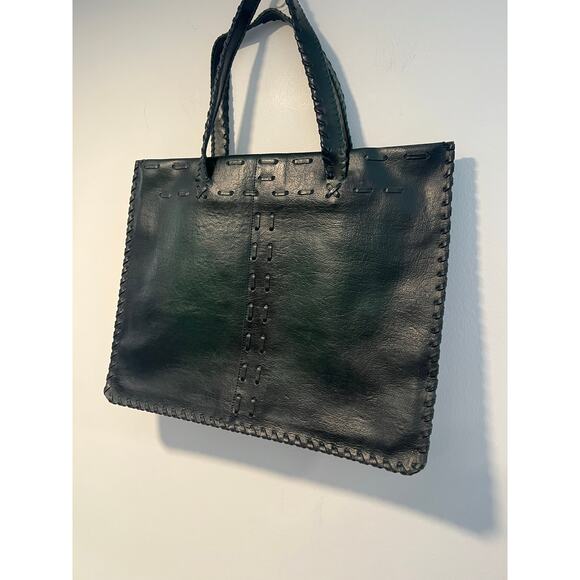 Vintage Green Leather Briefcase Handbag Weaved Leather JL - Picture 1 of 8